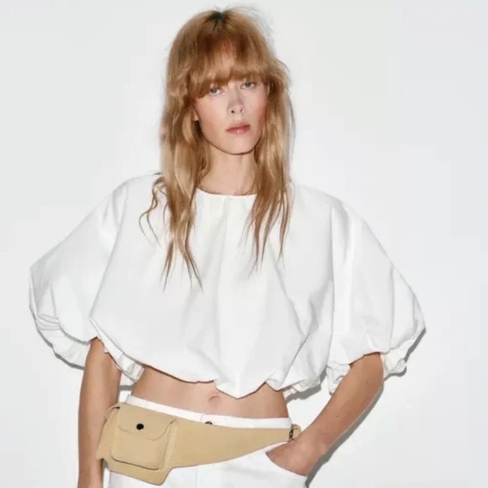NWT ZARA Balloon Poplin Top White Puff Sleeve Blouse Size S